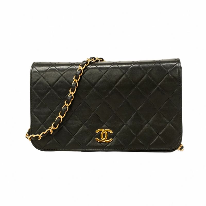 Chanel Shoulder Bag Matelasse Lambskin Black Gold Hardware Women