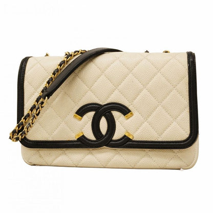 Chanel Shoulder Bag CC Filigree Caviar Skin White Black Gold Hardware Women's