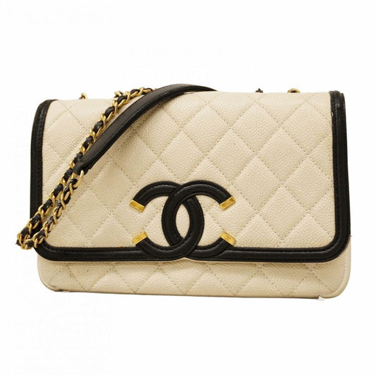 Chanel Shoulder Bag CC Filigree Caviar Skin White Black Gold Hardware Women's