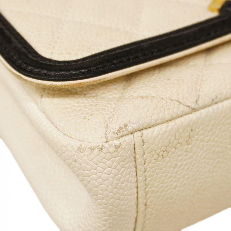 Chanel Shoulder Bag CC Filigree Caviar Skin White Black Gold Hardware Women's