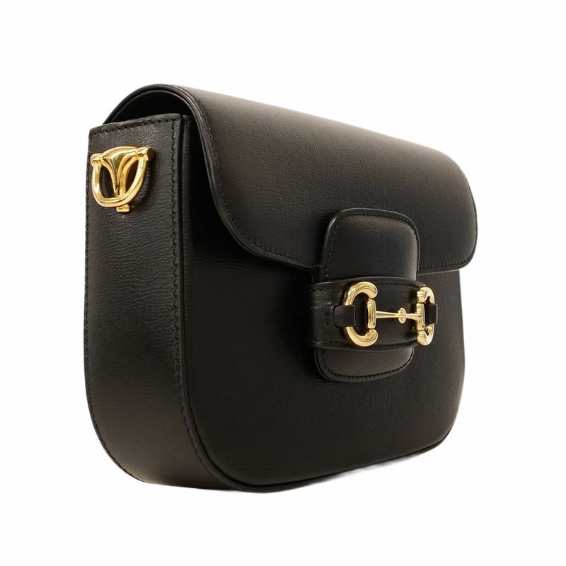 Gucci Shoulder Bag Horsebit 658574 Leather Black Gold Hardware Women's