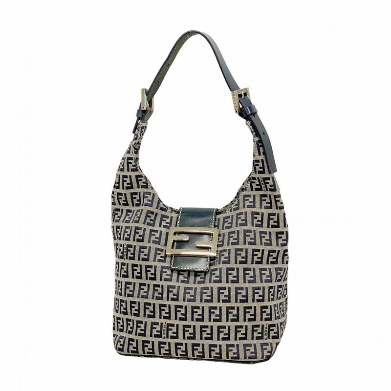 Fendi Handbag Zucchino Nylon Canvas Navy Silver Hardware Women's