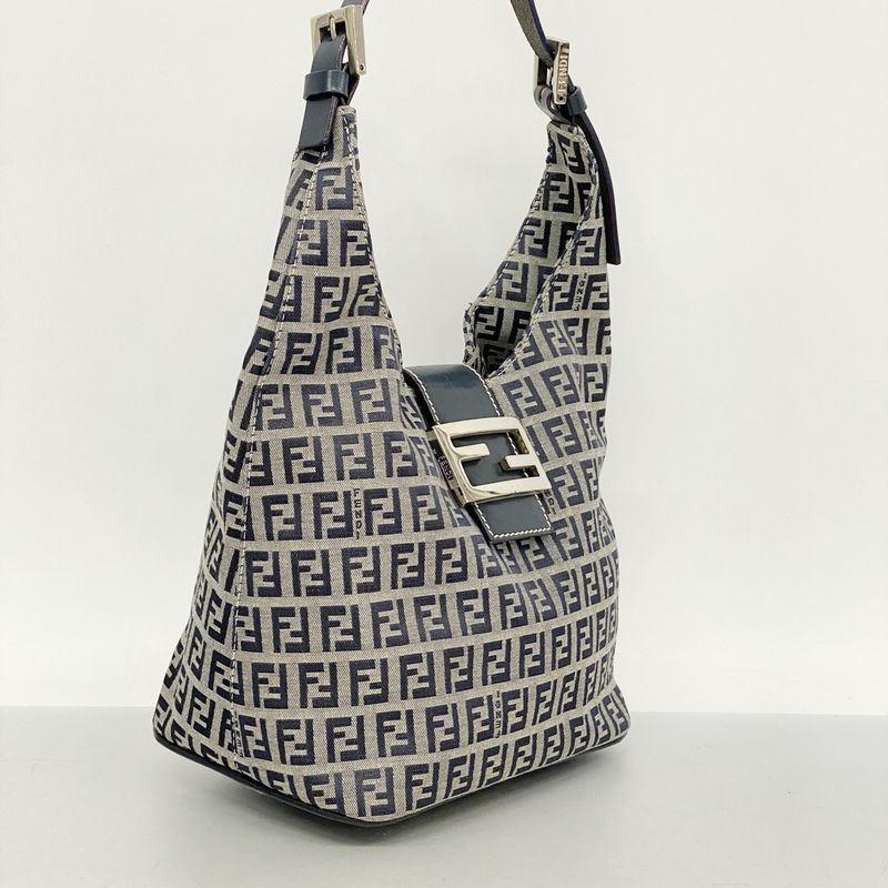 Fendi Handbag Zucchino Nylon Canvas Navy Silver Hardware Women's