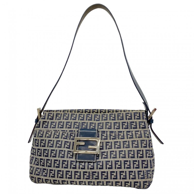 Fendi Shoulder Bag Zucchino Nylon Canvas Navy Silver Hardware Women's
