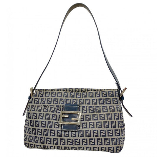Fendi Shoulder Bag Zucchino Nylon Canvas Navy Silver Hardware Women's