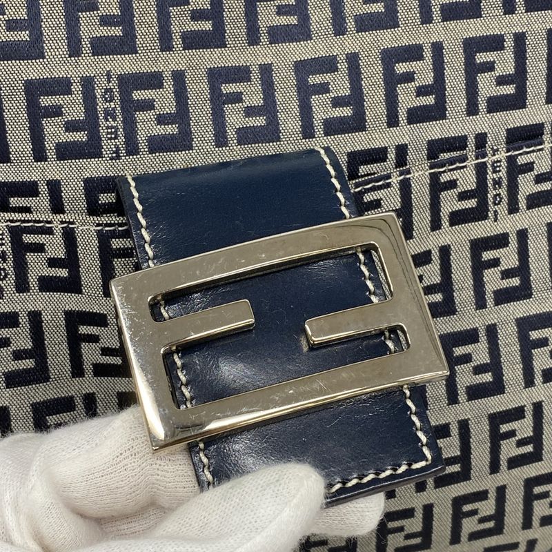Fendi Shoulder Bag Zucchino Nylon Canvas Navy Silver Hardware Women's
