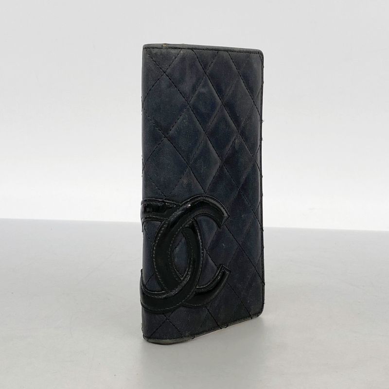 Chanel Long Wallet Cambon Lambskin Black Silver Hardware Women's