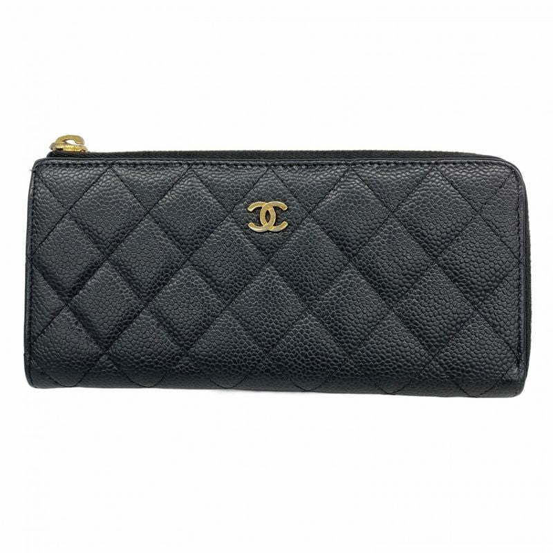 Chanel Long Wallet Matelasse Caviar Skin Black Gold Hardware Women's