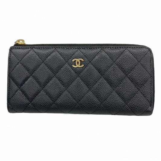 Chanel Long Wallet Matelasse Caviar Skin Black Gold Hardware Women's