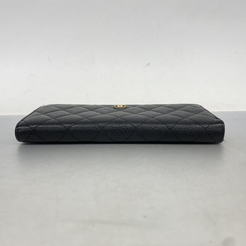 Chanel Long Wallet Matelasse Caviar Skin Black Gold Hardware Women's