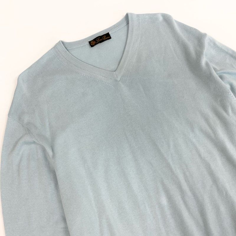 Loro Piana V-neck Knit Sweater Top 52 Light Blue Cotton