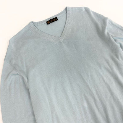 Loro Piana V-neck Knit Sweater Top 52 Light Blue Cotton