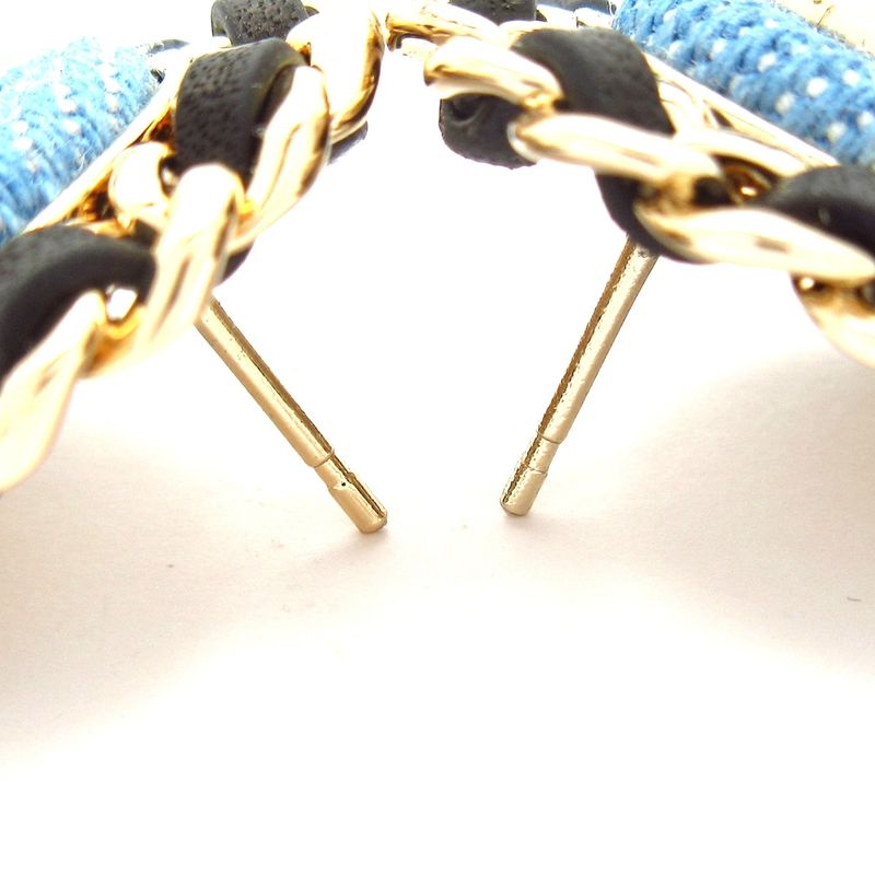 Chanel Earrings Coco Mark Cotton Leather Light Blue X Gold X Black