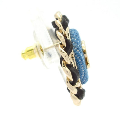 Chanel Earrings Coco Mark Cotton Leather Light Blue X Gold X Black
