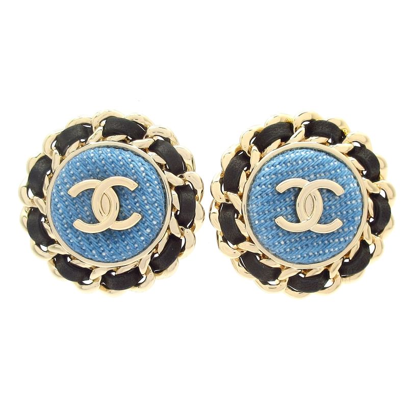 Chanel Earrings Coco Mark Cotton Leather Light Blue X Gold X Black