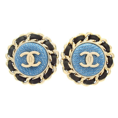 Chanel Earrings Coco Mark Cotton Leather Light Blue X Gold X Black