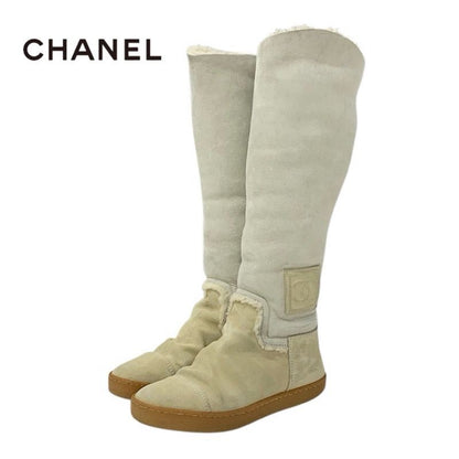 Chanel Boots Long Boots Shoes Suede Beige Shearling Boots Here Mark