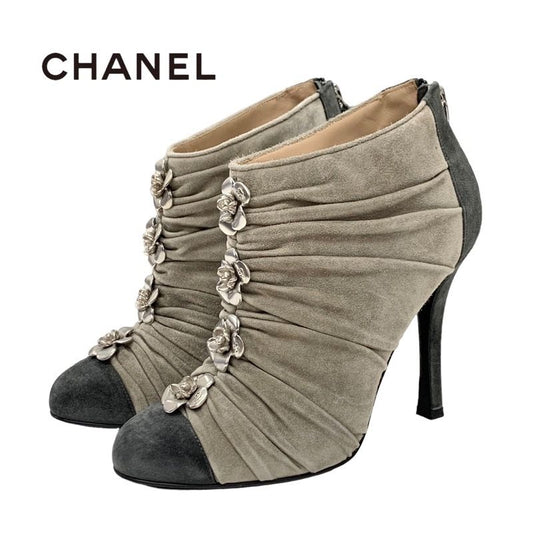 Chanel Boots Short Boots Shoes Suede Beige Gray Silver Booties Camellia Here