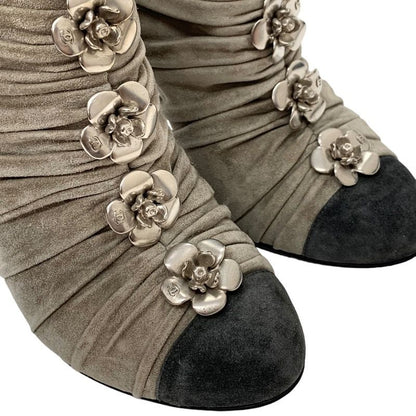 Chanel Boots Short Boots Shoes Suede Beige Gray Silver Booties Camellia Here