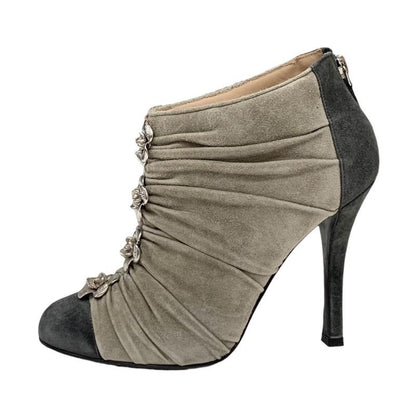 Chanel Boots Short Boots Shoes Suede Beige Gray Silver Booties Camellia Here