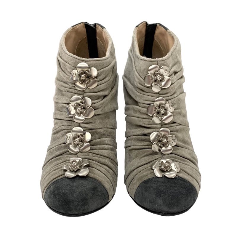 Chanel Boots Short Boots Shoes Suede Beige Gray Silver Booties Camellia Here
