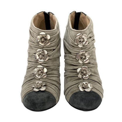 Chanel Boots Short Boots Shoes Suede Beige Gray Silver Booties Camellia Here