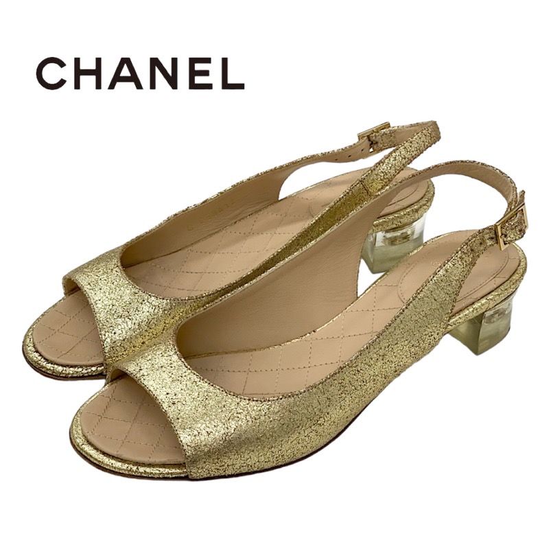 Chanel Sandals Shoes Leather Gold Ring Back Coco Mark Clear Heel