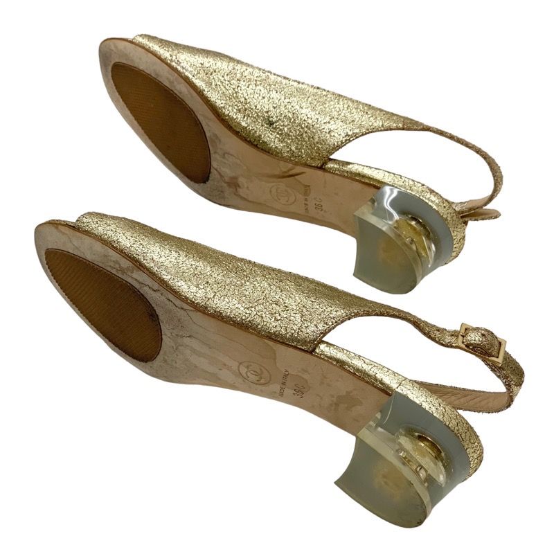 Chanel Sandals Shoes Leather Gold Ring Back Coco Mark Clear Heel