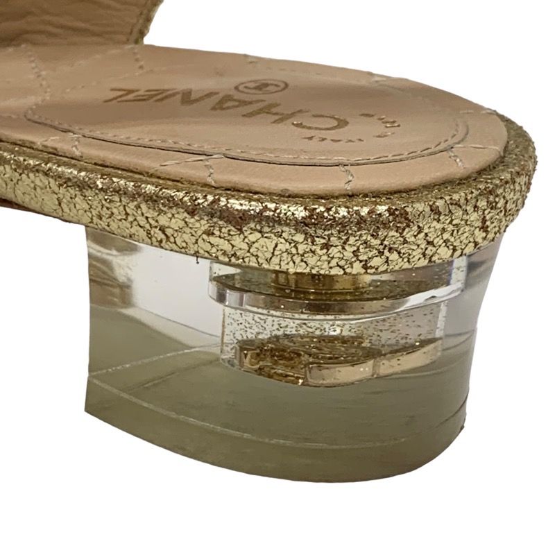 Chanel Sandals Shoes Leather Gold Ring Back Coco Mark Clear Heel