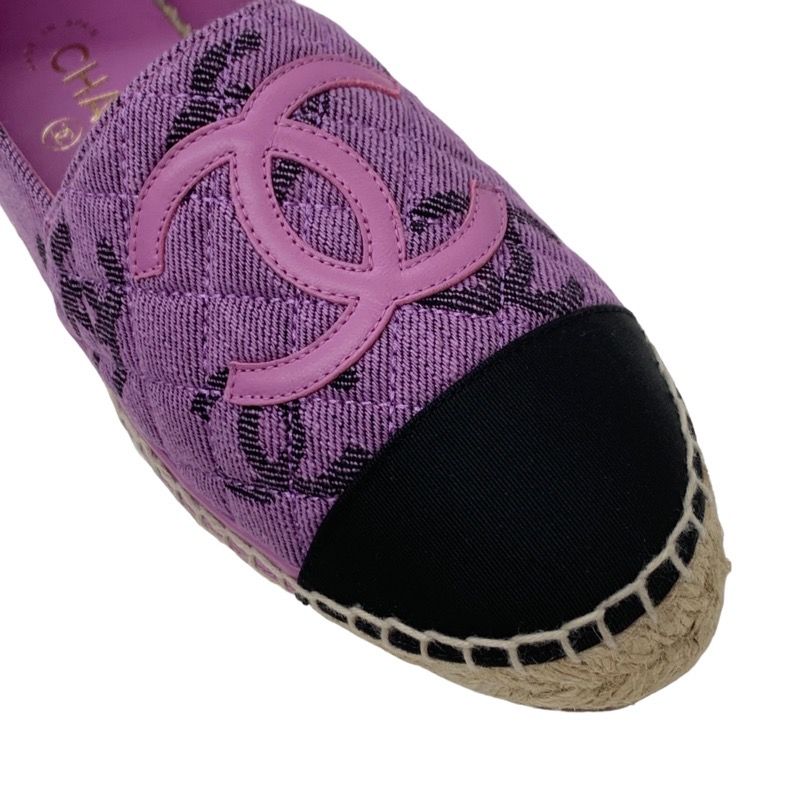 Chanel Flat Shoes Canvas Leather Purple Black Coco Mark Espadrilles