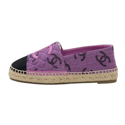 Chanel Flat Shoes Canvas Leather Purple Black Coco Mark Espadrilles
