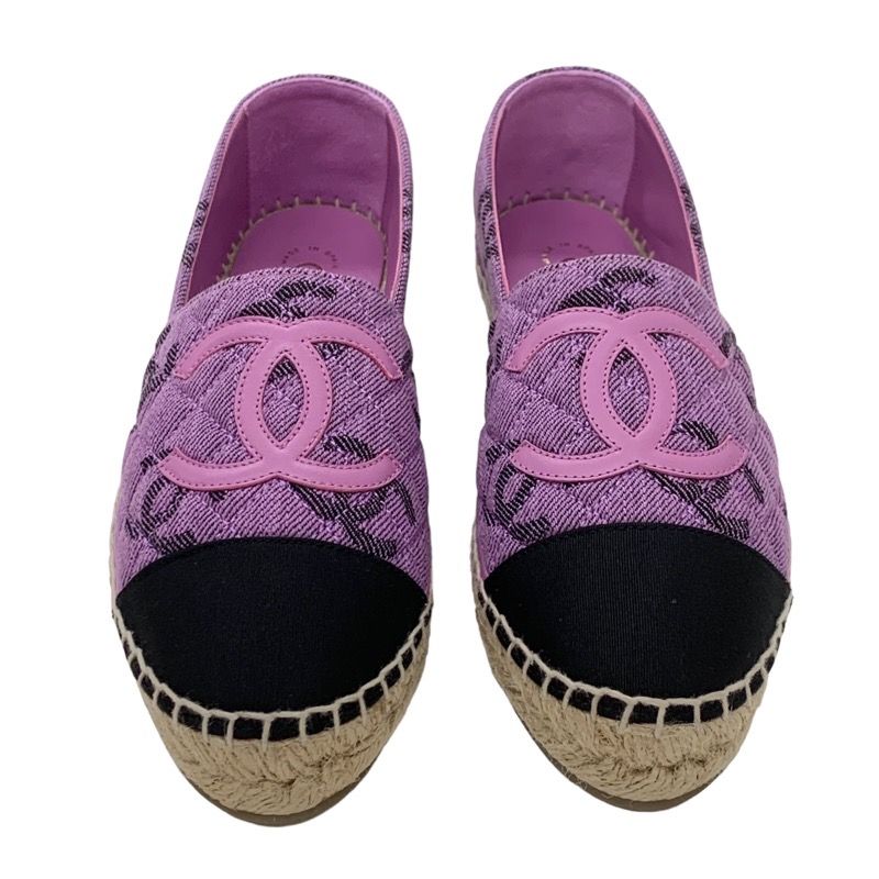 Chanel Flat Shoes Canvas Leather Purple Black Coco Mark Espadrilles