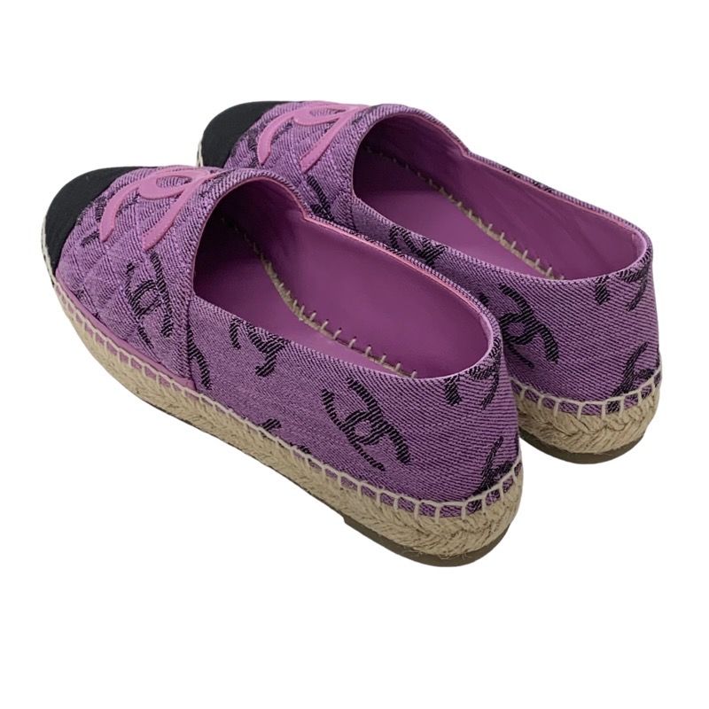 Chanel Flat Shoes Canvas Leather Purple Black Coco Mark Espadrilles