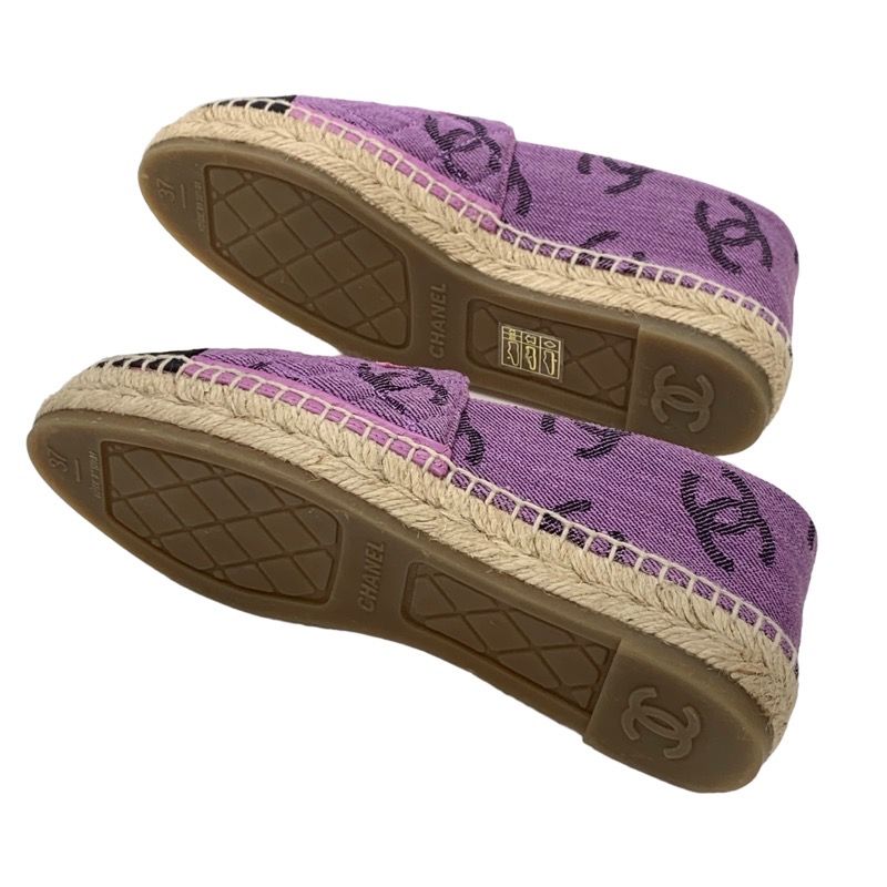 Chanel Flat Shoes Canvas Leather Purple Black Coco Mark Espadrilles