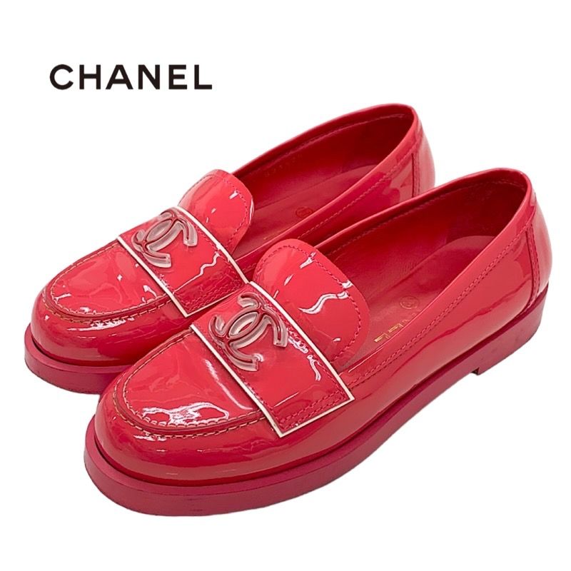 Chanel Loafers Leather Shoes Patent Pink Here Mark Enamel Flat Shoes