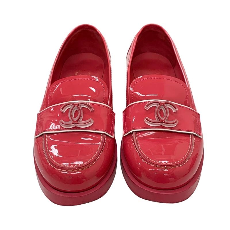 Chanel Loafers Leather Shoes Patent Pink Here Mark Enamel Flat Shoes