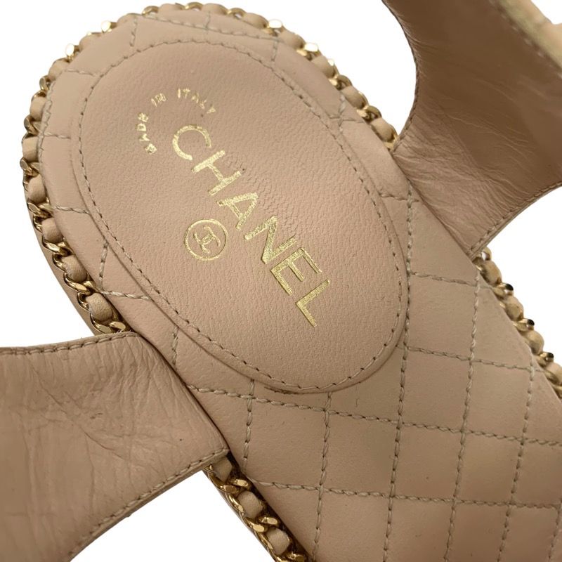 Chanel Sandals Shoes Leather Beige Gold Braided Coco Mark Matelasse Chain