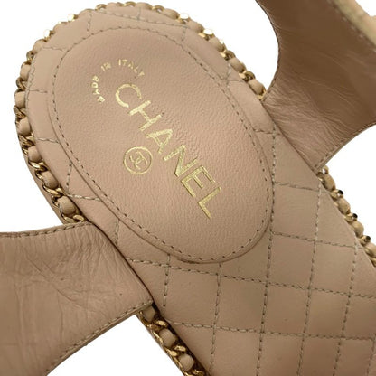 Chanel Sandals Shoes Leather Beige Gold Braided Coco Mark Matelasse Chain