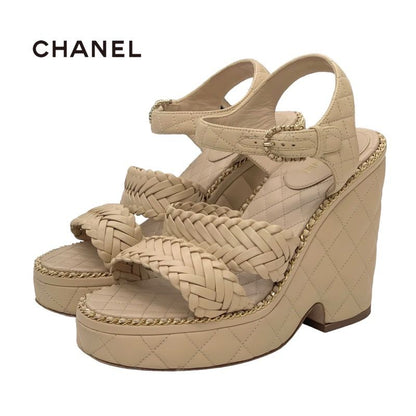 Chanel Sandals Shoes Leather Beige Gold Braided Coco Mark Matelasse Chain