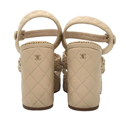 Chanel Sandals Shoes Leather Beige Gold Braided Coco Mark Matelasse Chain