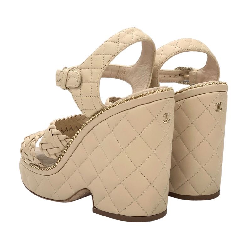 Chanel Sandals Shoes Leather Beige Gold Braided Coco Mark Matelasse Chain