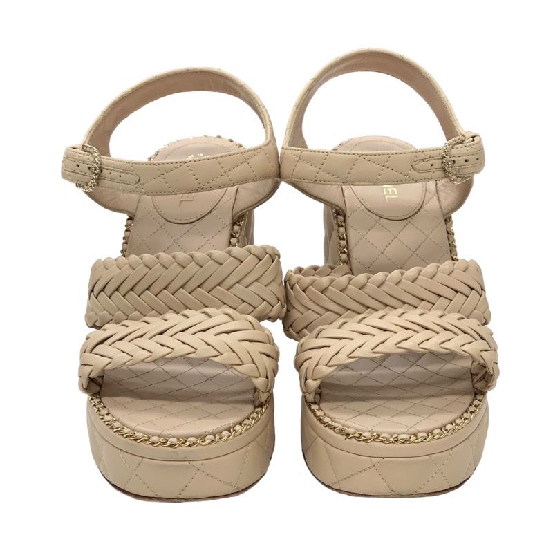 Chanel Sandals Shoes Leather Beige Gold Braided Coco Mark Matelasse Chain