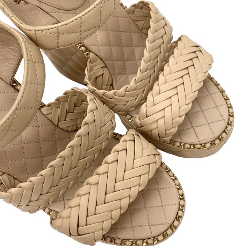 Chanel Sandals Shoes Leather Beige Gold Braided Coco Mark Matelasse Chain