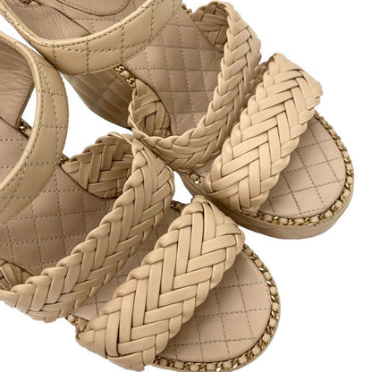 Chanel Sandals Shoes Leather Beige Gold Braided Coco Mark Matelasse Chain