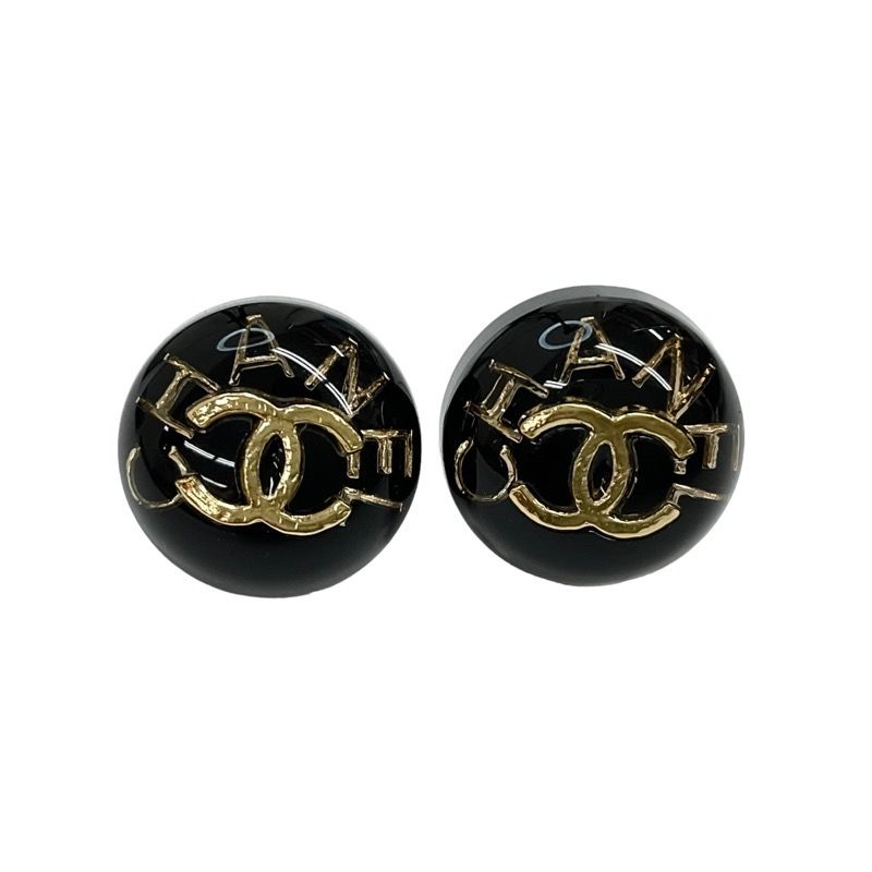 Chanel Earrings Resin Black Gold Coco Mark Logo