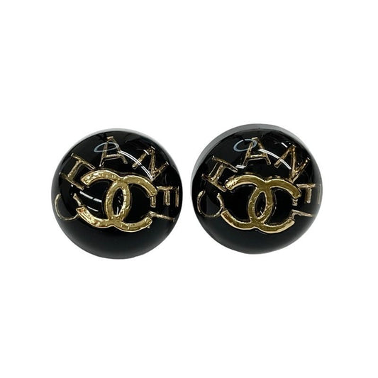 Chanel Earrings Resin Black Gold Coco Mark Logo