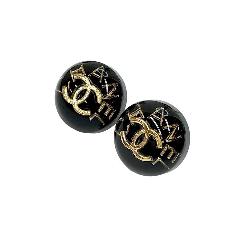 Chanel Earrings Resin Black Gold Coco Mark Logo
