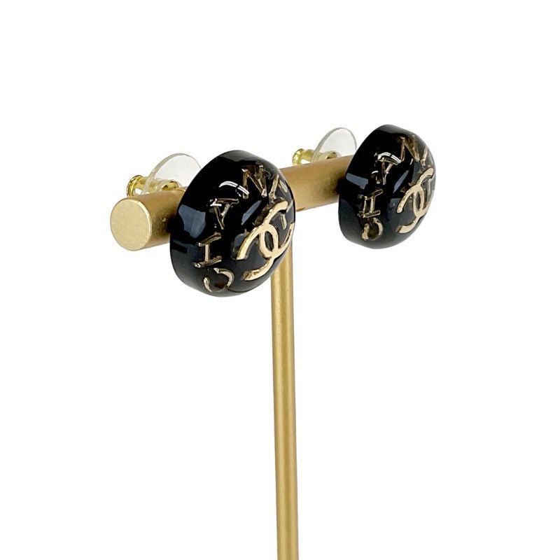 Chanel Earrings Resin Black Gold Coco Mark Logo