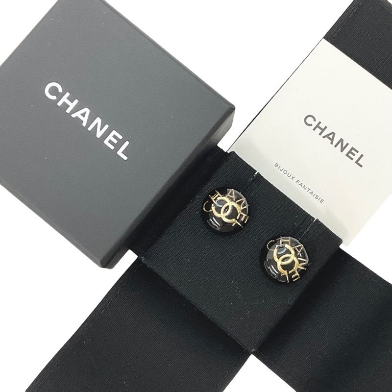 Chanel Earrings Resin Black Gold Coco Mark Logo