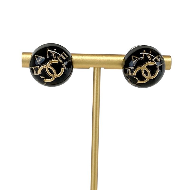 Chanel Earrings Resin Black Gold Coco Mark Logo